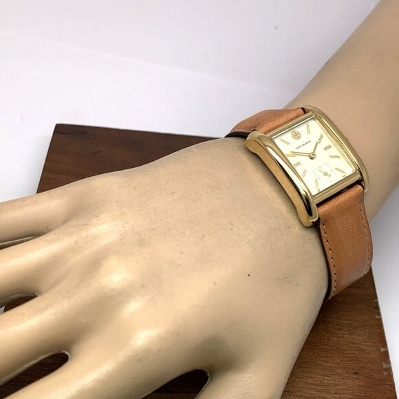 Tory Burch Women's Watch TBW1068 Tank Cream Dial Gold Quartz Brown Leather Band - Picture 5 of 14